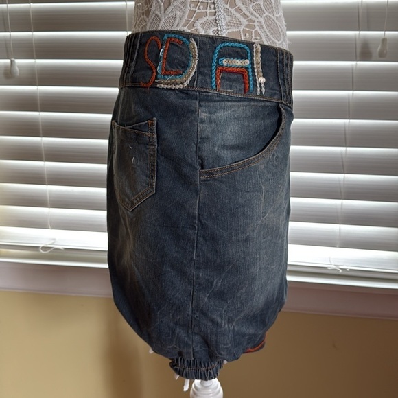 Angels Never Die Logo Denim Bomber Embroidered Sequins Mini Skirt sz S - Picture 5 of 12